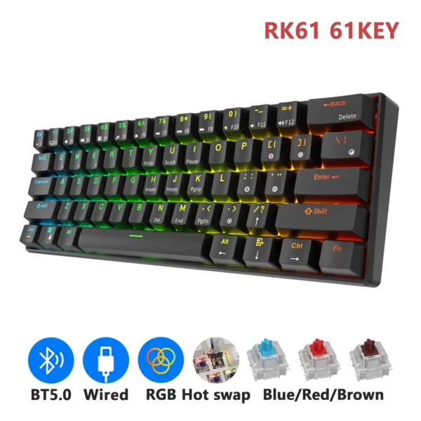 Top! New RK61 Bluetooth Wireless Mechanical Keyboard 60% RGB Dual Mode BT5.0/USB-C 61 Keys Mini Hot Swappable Gamer Keyboard