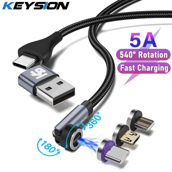 KEYSION 540 Rotate 5A Magnetic Cable Fast Charging Mobile Phone Magnet Wire Cord Micro Type C to USB-A Cable for iPhone Xiaomi