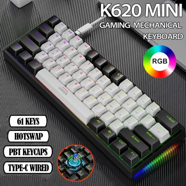 K620 Mini Gaming Mechanical Keyboard 61 Keys RGB Hotswap Type-C Wired Gaming Keyboard PBT Keycaps 60% Ergonomics Keyboards