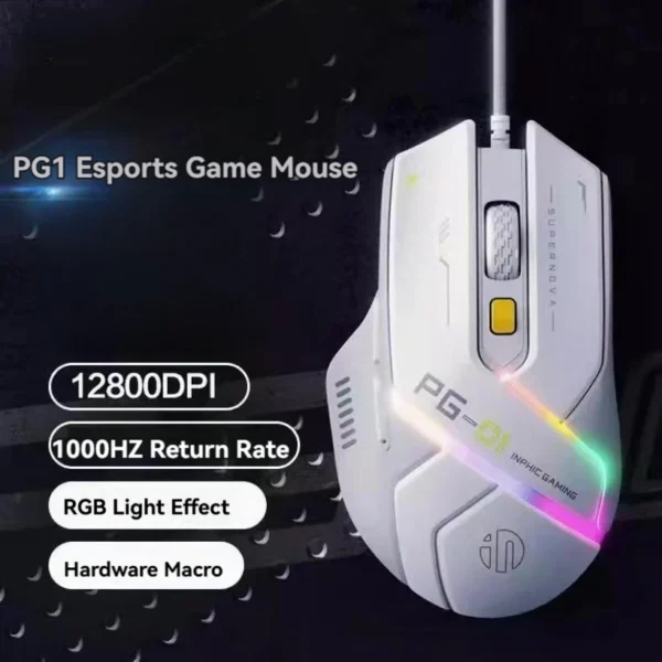 Inphic Pg1 Wired Mouse Gaming Mouse RGB Light Emitting Macro Programming 12800DPI 6 Keys Computer Mouse For Office Home