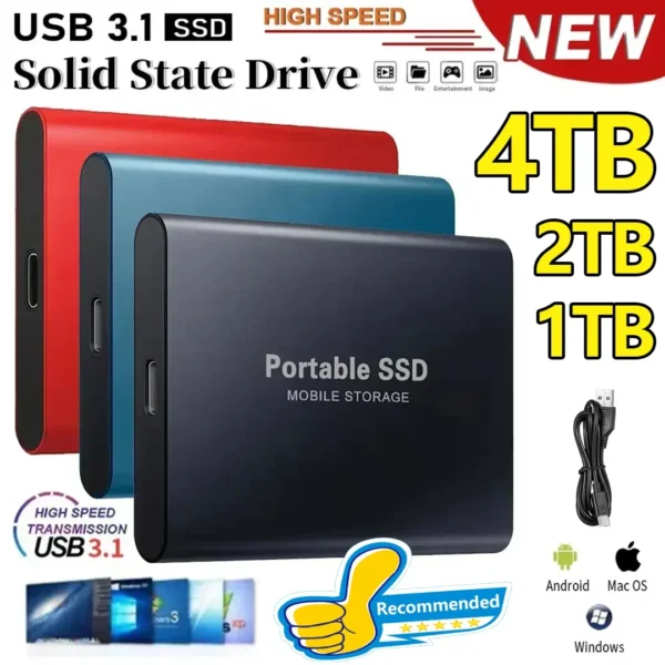 New Portable Hard Drive 1TB 2TB 4TB Solid Disk High Speed External Hard Disk USB3.1 Type-C Solid State Drive for PC/Phone/Loptop